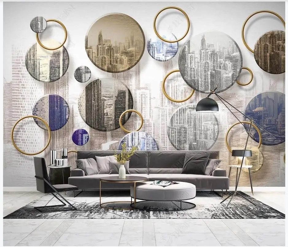 

Custom photo wallpaper for walls 3 d Modern circle geometry luxury hand painted urban architecture TV background wall mural