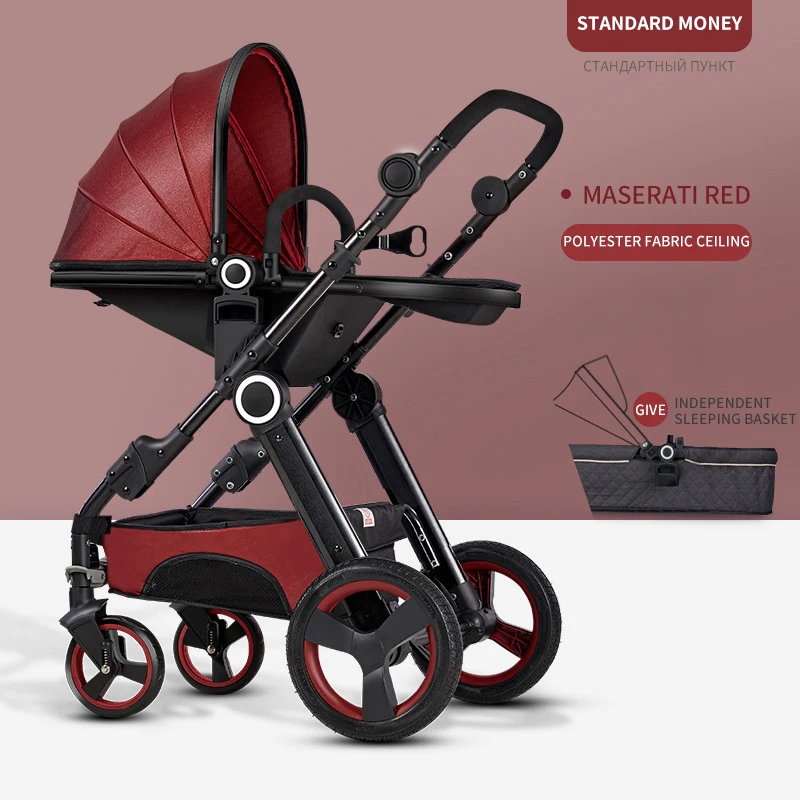 Детская коляска может сидеть высокий пейзаж складной новорожденный амортизатор четыре колеса дети половина яичная скорлупа тележка - Цвет: Black tube wine red