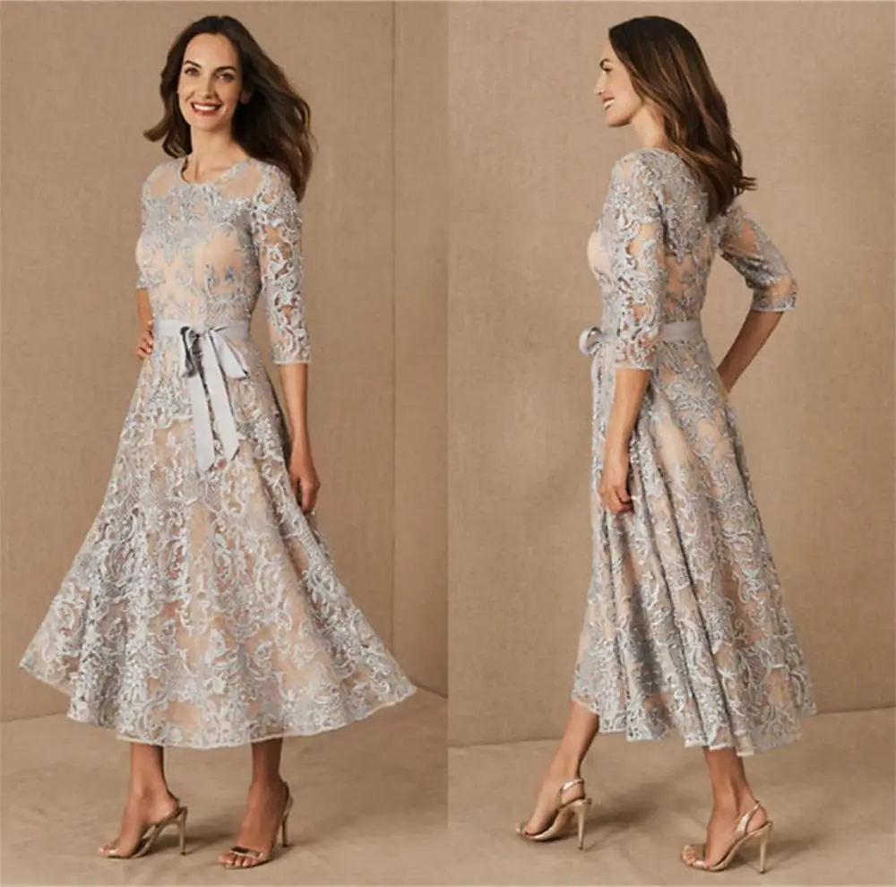 US $107.10 Lace Mother Of The Bride Dresses With Lining Jewel Neck A Line Cheap Wedding Guest Dress Tea Length Cheap Groom Mother Gowns