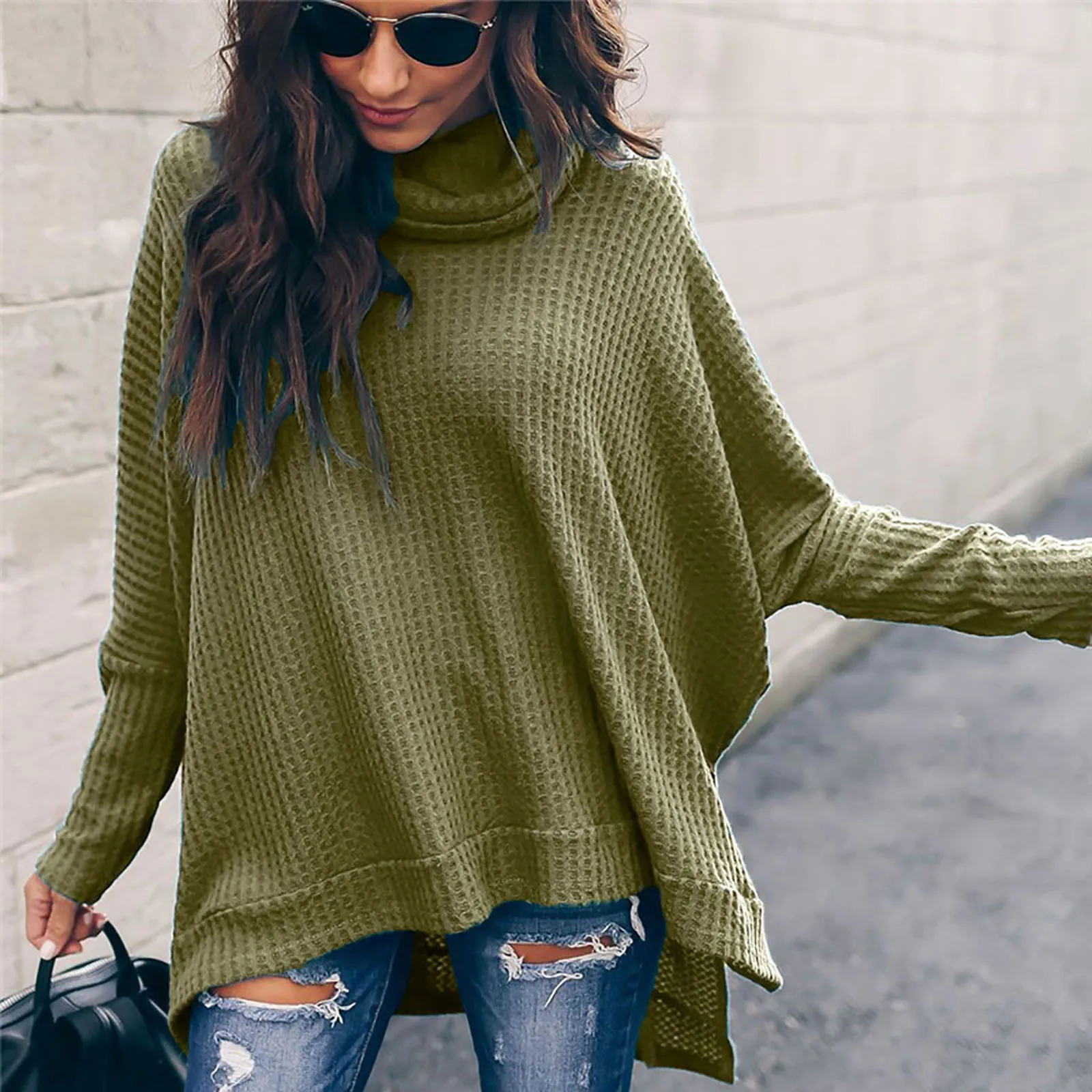 Vintage Pullovers Women's Autumn And Winter Loose Solid Color Irregular Hem Stitching Long-sleeved Pile Collar Knit Sweater Top 1