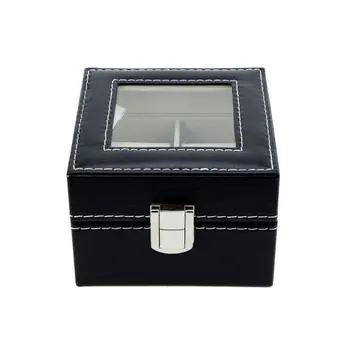 

Watch Box 2 Slots Black Leather Transparent Top Square Watch Display Gift Case