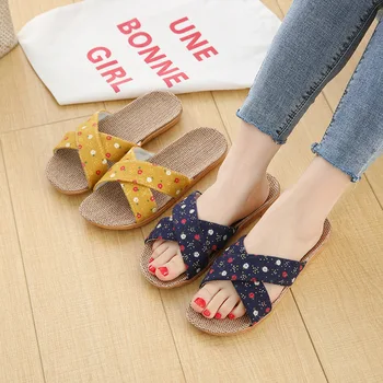 

2020 Women Flax Slippers New Summer Indoor Shoes Home Slipper Woman Open Toe Linen Belt Slides Female Sandals Flowers Flip Flops