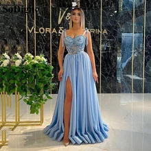 SoDigne vestido de noche de satén azul cielo con fajas y cuentas de perlas, vestido Formal de graduación, largo hasta el suelo, para mujer