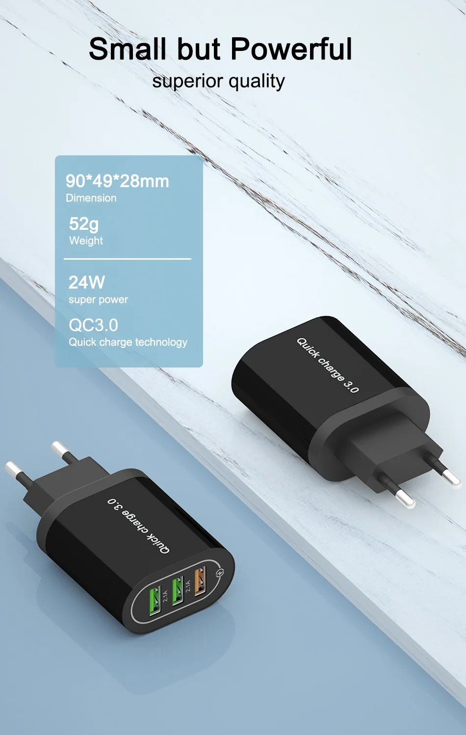 OREY 24W QC 3.0 Fast Charger, 4.8A Max 3 Port USB Charger Adapter Quick Charge 3.0 For Samsung/Xiaomi/Huawei Charger