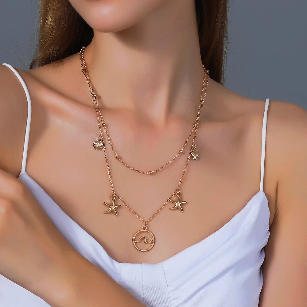 

Wholesale 2 layers Bohemia Beach Style Stars Waves 2 Layers Gold Plating Alloy Women Necklace