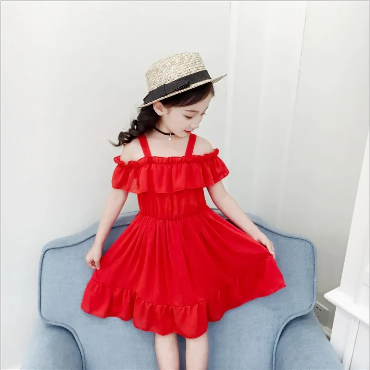 

CHILDREN'S Dress 2019 Summer New Style Girls Chiffon Red off-Shoulder Strapped Dress
