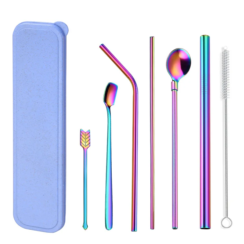 1 Set Stainless Steel Straw Cutlery Set Portable Tableware Creative Straw Spoon Stirring Spoon 8 Sets Of Multi-color Optional