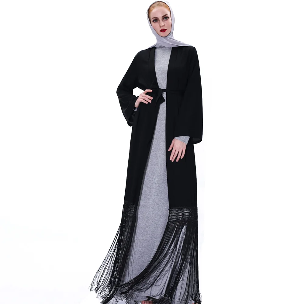

New style tassels for outer wear Dubai elegant open kimono Muslim women with belt abaya dubai muslim dress women MSL095