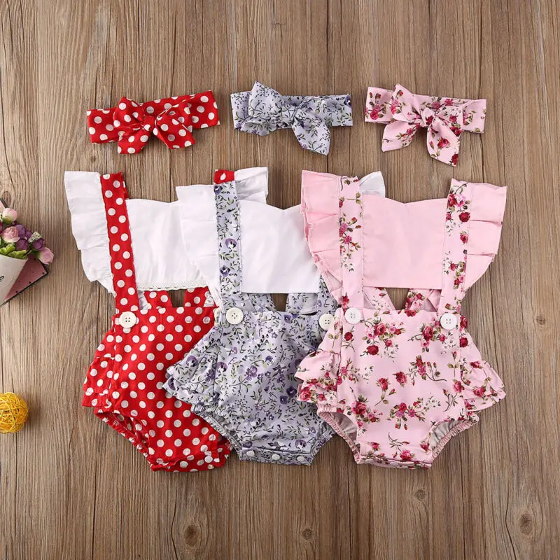 

Mildsown Newborn Baby Girls Flower Print Ruffle Romper Backless Jumpsuit Headband Sunsuit Outfit Fake 2pcs Summer Clothing 0-24M