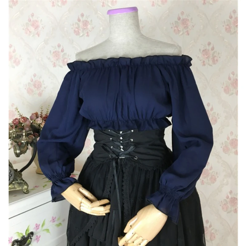Navy Long Sleeve Женские средневековые Лолита Топы Kawaii шифоновый с открытыми плечами вечерние костюмы для косплея Ренессанс принцесса короткий/длинный рукав блузка - Цвет: Navy Long Sleeve