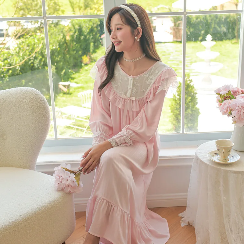 

Princess Nightgown Ruffles Sleepwear Homewear Lace Trim Nightdress O-neck Cotton Home Dressing Gown Casual Long Loungewear
