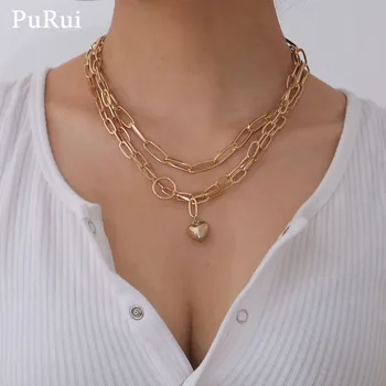 

Purui Mulitylayer Chain Necklace for Men Women Heart Pedant Punk Hiphop Rock Street Wear Choker Necklace Lovers Collar Jewelry