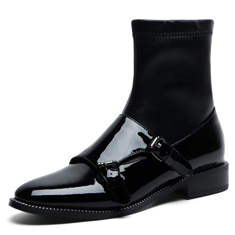 FEDONAS Quality Cow Patent Leather Women Ankle Boots Side Zipper Buckle Warm Autumn Short Boots Winter High Heels Shoes Woman - Цвет: heiseqipi