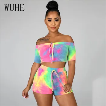 

WUHE Women Sets Summer Tracksuits Two Piece Set Slash Neck Tops+Shorts Suit Club Party Print Street 2 Pcs Sexy Outfits