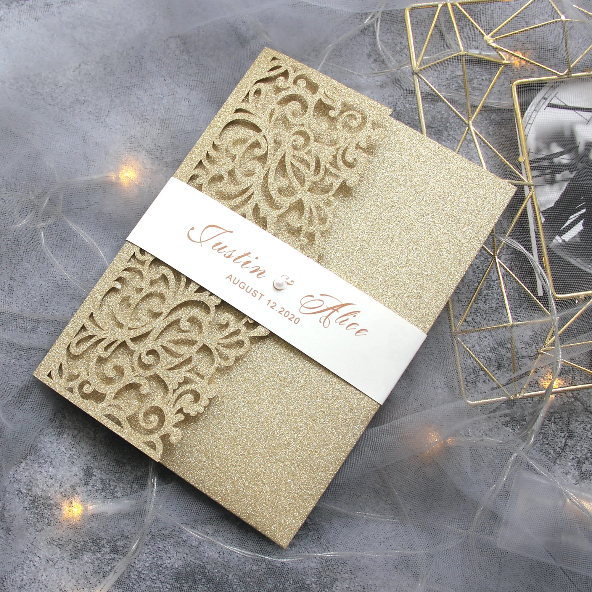 Print custom Laser Cut Wedding Invitations Cards glittery invitations set with RSVP envelop belly band tri-fold pocket invites | Дом и сад