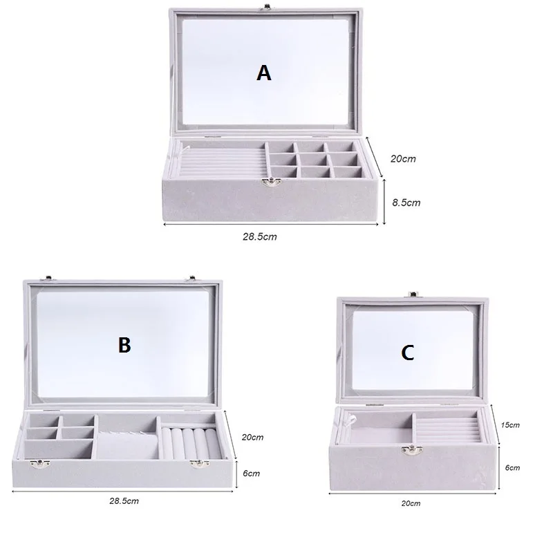 Бархатный серый чехол для переноски со стеклянной крышкой Ювелирное кольцо Дисплей Коробка лоток держатель коробка для хранения Органайзер серьги кольцо браслет коробка