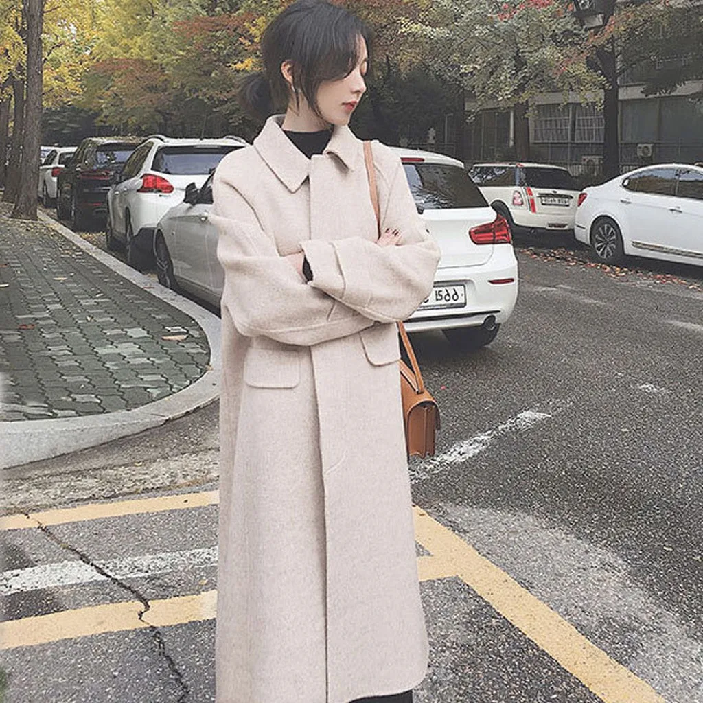 Women Work Solid Vintage Winter Office Long Sleeve Button Woolen Jacket Coat - Цвет: BG