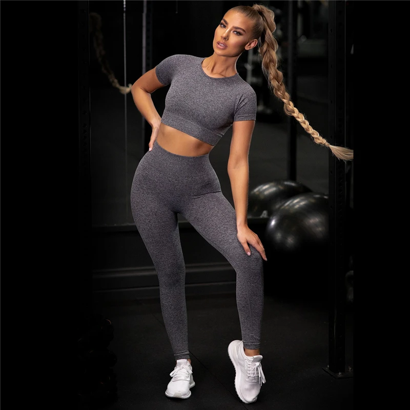 Seamless Sport Set Women Pink Two 2 Piece Crop Top T Shirt Sport Shorts Yoga Sportsuit Workout Active Outfit Fitness Gym Sets