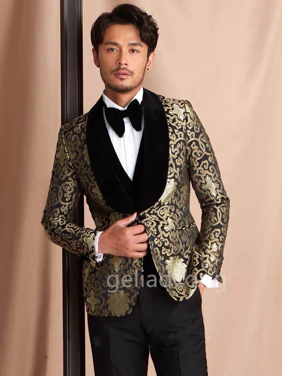 

2020 New Mens Suits Golden jacquard print Groom 3 pcs Tuxedos Slim fit Prom Party Men Wedding Dress Singer stage Suits