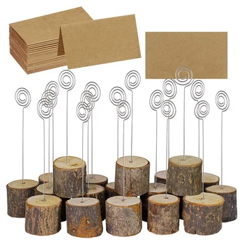 

20 Pieces Of Rustic Wood Card Holder with Swirl Line Wooden Barbell Piece Memo Clip Holder Card Photo Clip Folder Clip for Weddi