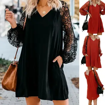 

Women's Hollow Patchwork Lace Patchwork Long Sleeve V-Neck Loose Casual Solid Color Fashion Sexy Boho Dress