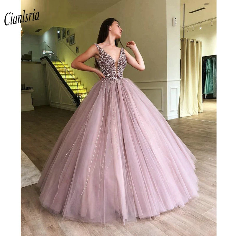 De sin mangas con perlas De cristal para mujer, vestido De baile con cuello en V profundo, lavanda, 16 Vestidos De 15 años|Vestidos de quinceañera| - AliExpress