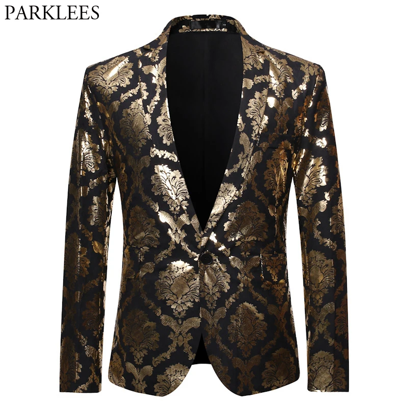 Мужской пиджак с золотым цветочным принтом, приталенный стильный пиджак на одной пуговице, мужской пиджак для ужина, свадьбы, мужской пиджак, смокинг для выпускного