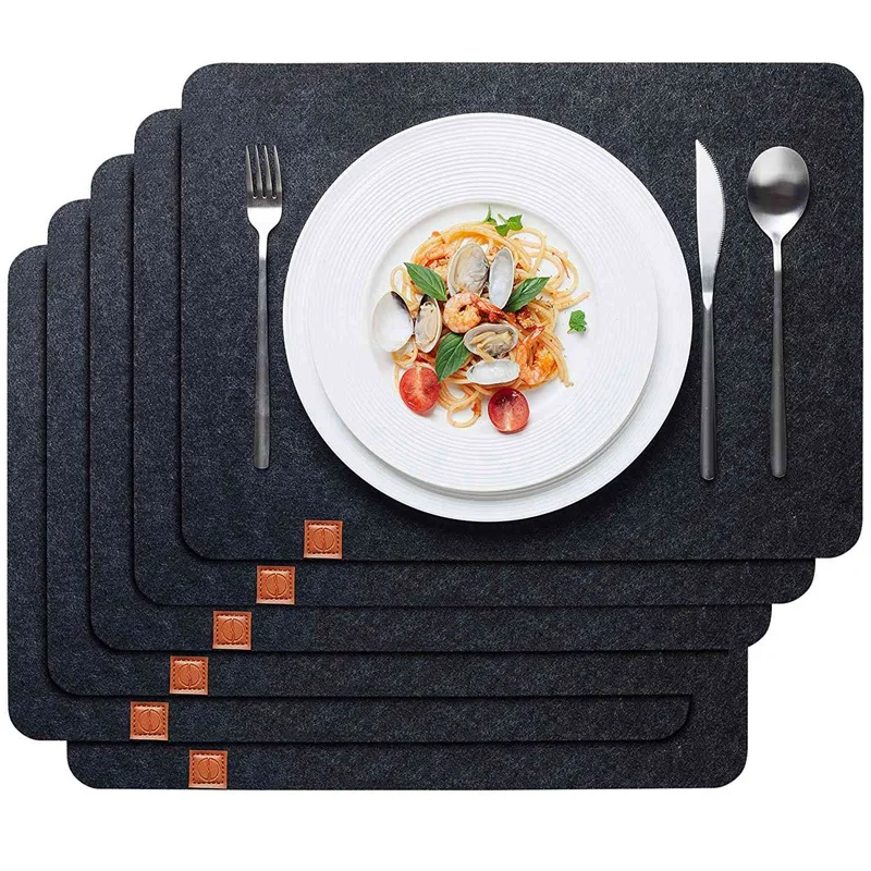  Felt Placemat 6 Piece Set Black-Table Mat Can Be Wiped 45X32 Cm-Washable Placemat-Dinner Felt Pad