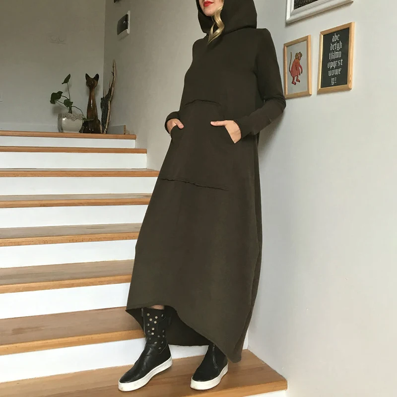 Осенне-зимнее платье с капюшоном VONDA, женский свитер, пуловер, повседневное свободное платье с карманами и длинным рукавом размера плюс, Vestidos 5XL
