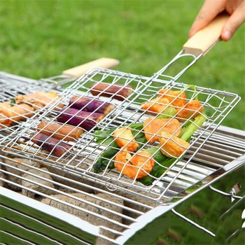 

Stainless Steel Barbecue Fish Rack with Wooden Handle Outdoor Square Barbecue Net Grilled Fish Clip Barbecue Clip Barbecue Tools