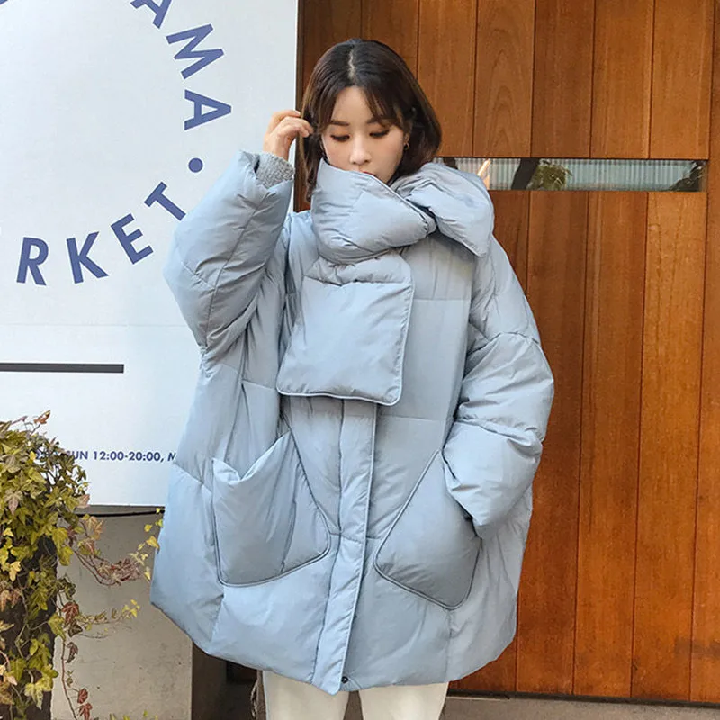 

Oversized Thick Winter Down Jacket Women Mid-length Korean Loose Fashion Parker Coat Match Scarf Fluffy White Duck Down Warm
