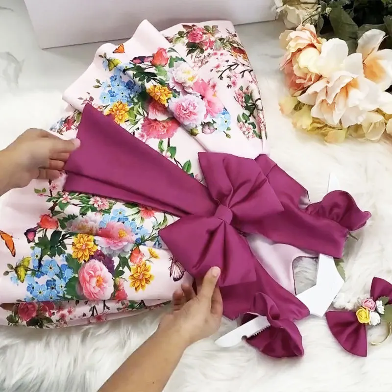 New Flower Printed Ball Gown Baby Girls Wedding Party Evening Dresses Big Bow Purple Luxurious Kids Costume For Girls 1-5Y