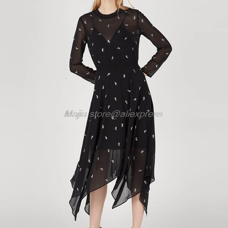 Новое осенне-зимнее шифоновое платье с длинными рукавами, украшенное бусинами и луной