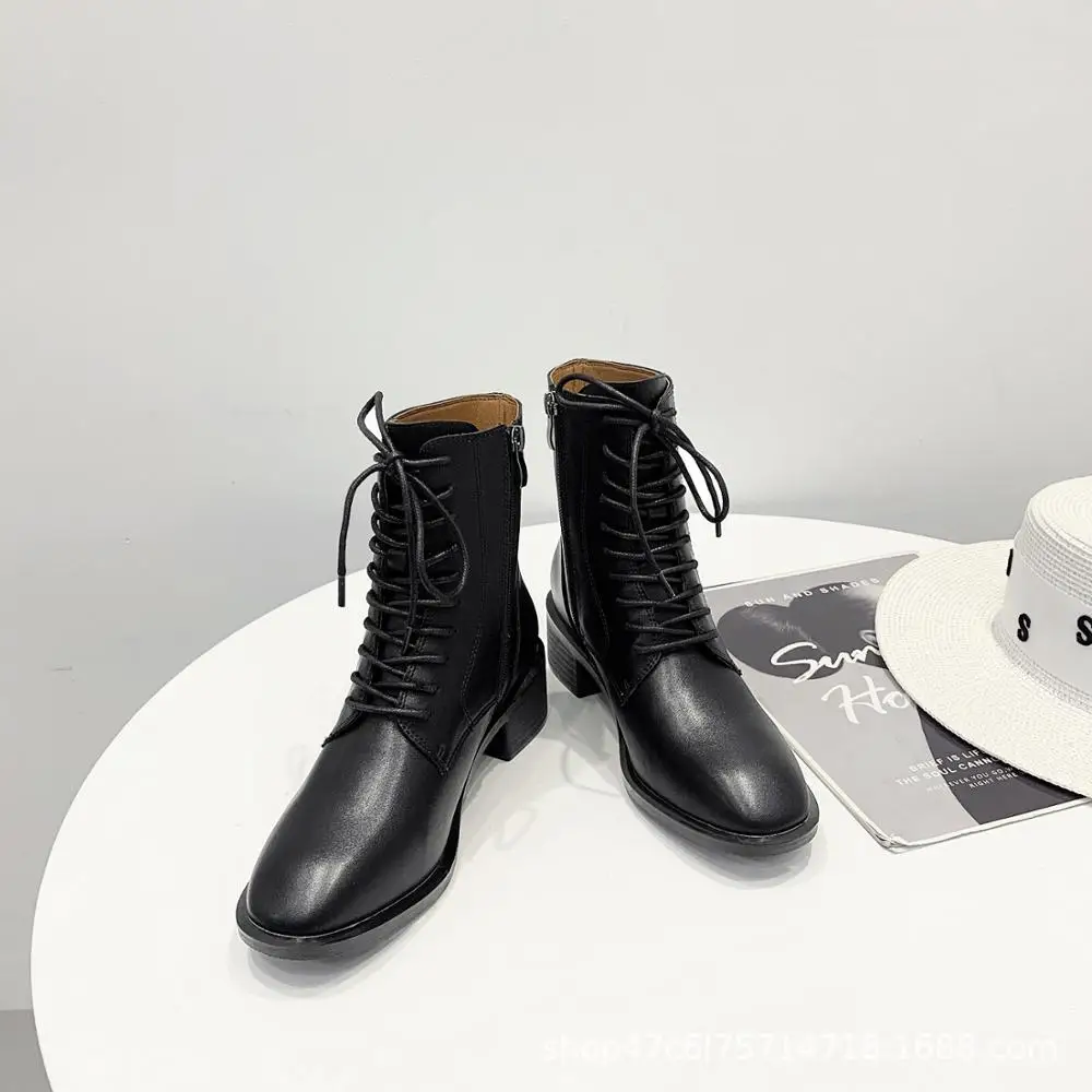 

Lady Boots Women's Low Shoes Lace Up Luxury Designer Round Toe Clogs Platform Zipper Ladies Black Riding Ankle Rubber Autumn