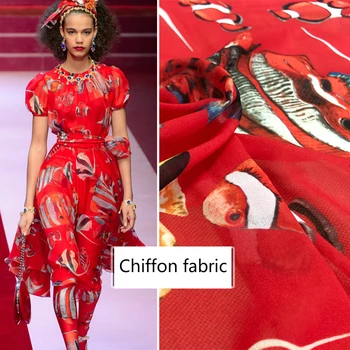 

Goldfish red printed chiffon polyester fabric cloth 147 cm width summer thin shirt dress parent-child sewing fabric