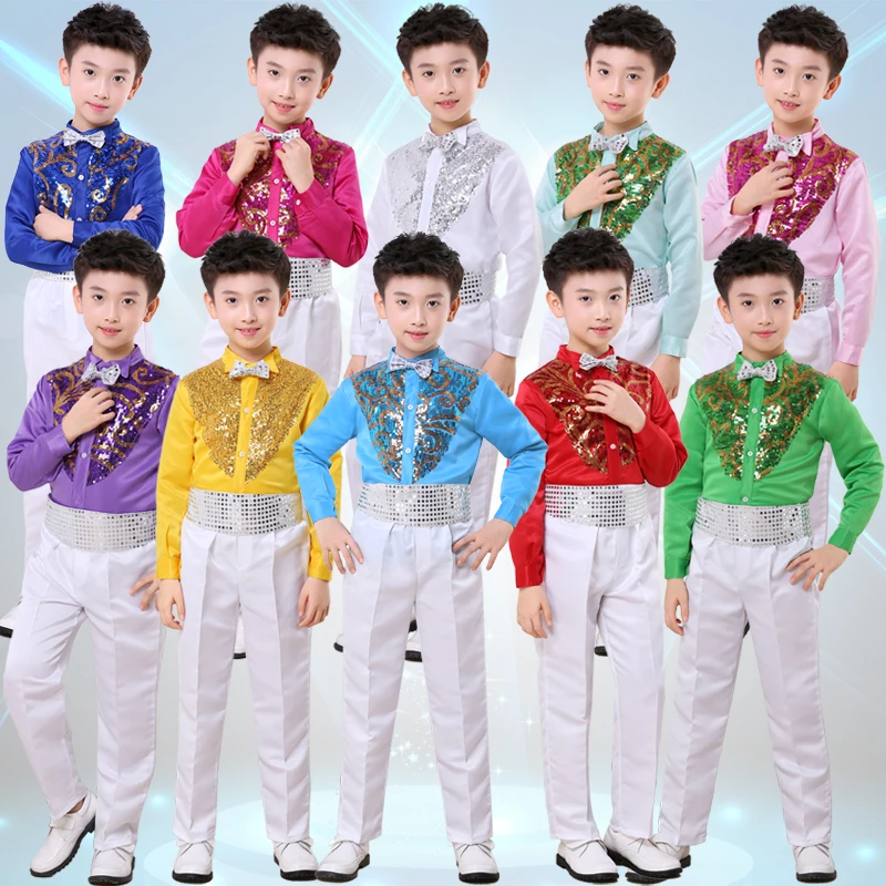 

Children's primary and secondary school sequins jazz dance costumes boys host long sleeve suit performance clothing