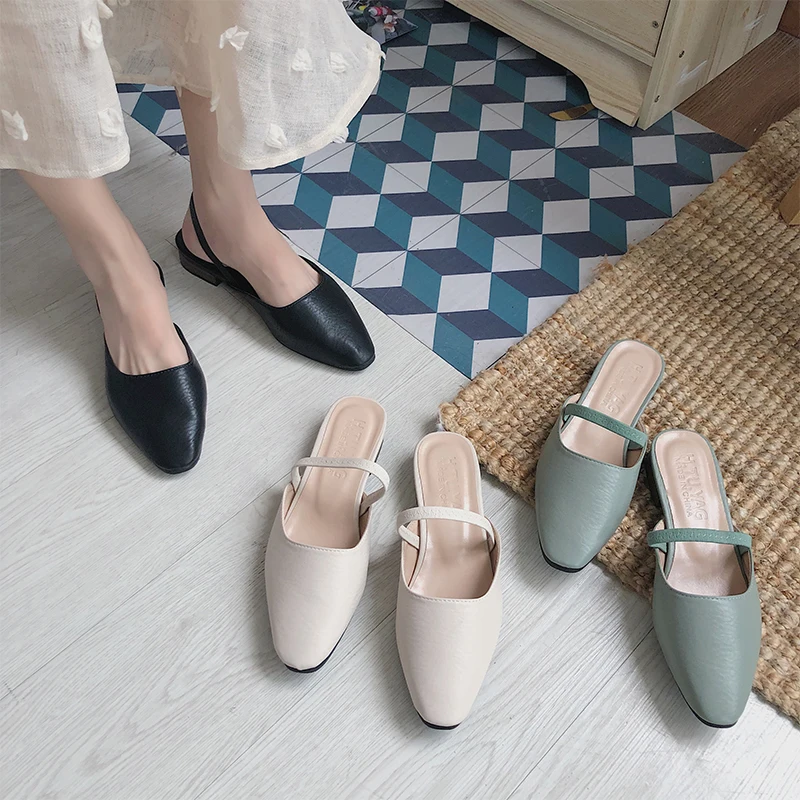 

Shoes Woman 2019 Cover Toe Flat Slippers Low Luxury Slides Socofy Designer New Pointed Soft Casual PU Hoof Heels Rome Rubber