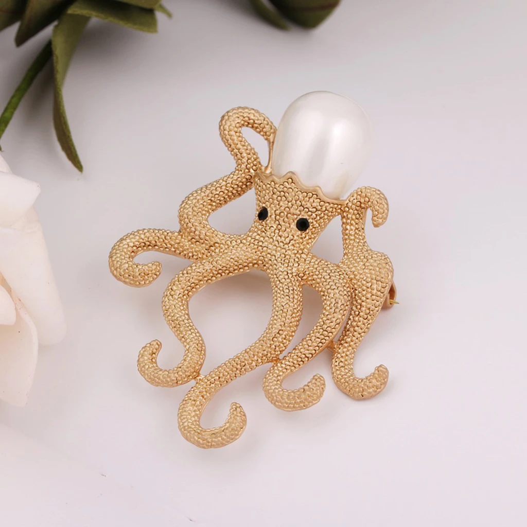 Tone Vintage Octopus Animal Pendant Brooch Pin Simulated Pearl Silver Gold 