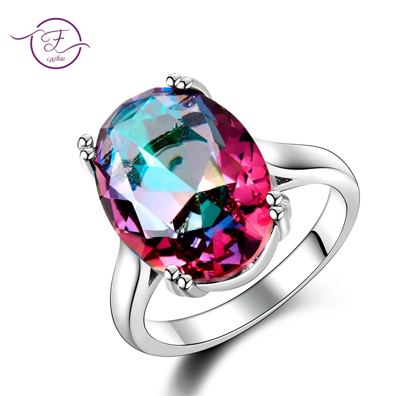 

Fashion Women's Jewelry S925 Silver Ring Mystic Fire Rainbow Topaz Rings Promotion Elegant Wedding Jewelry anillos Party Gift