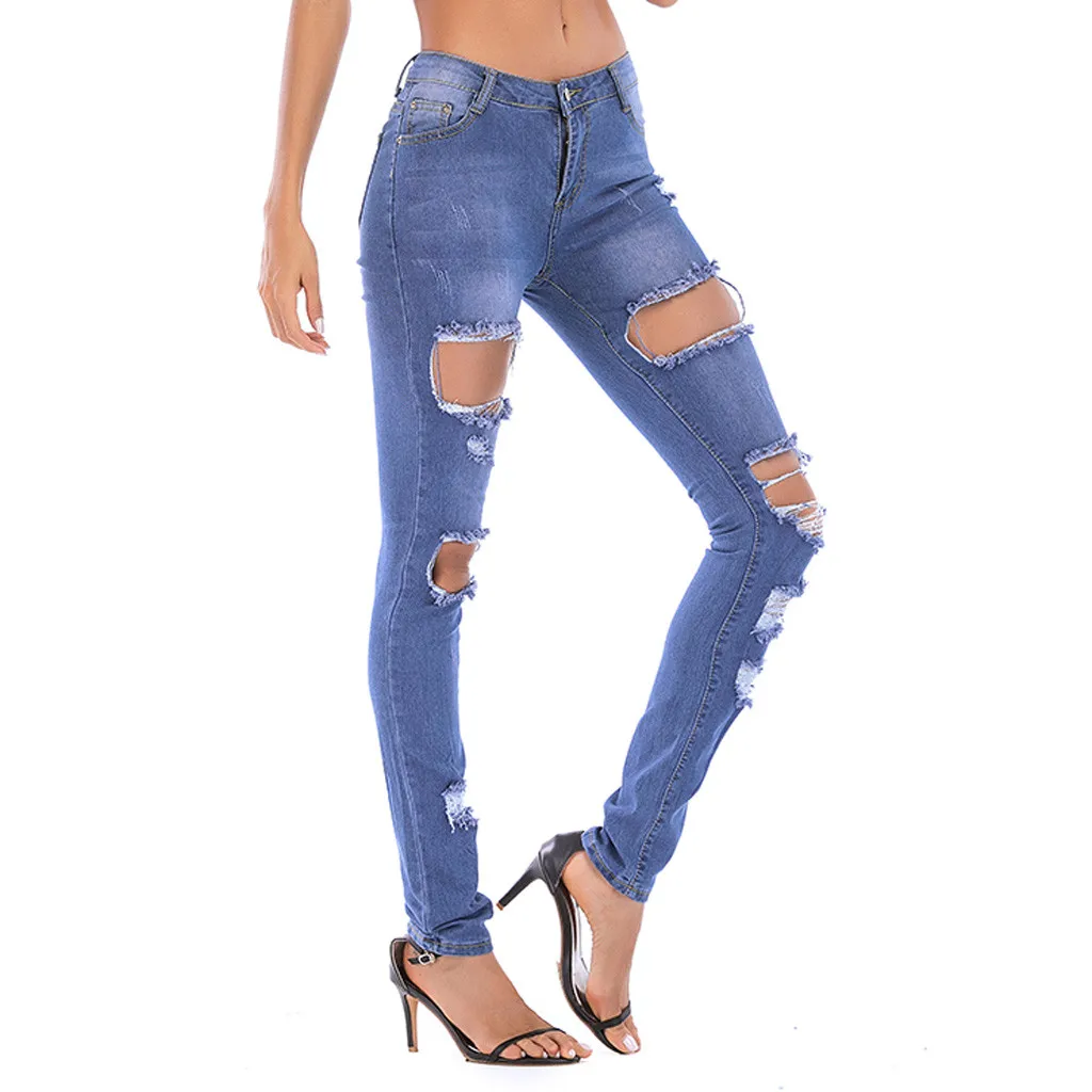 Fashion Womens Button Ripped Zipper Pocket Trousers Jeans Casual Denim Pants W1104