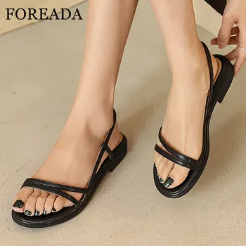 

FOREADA Sandals Woman Shoes Natural Genuine Leather Flat Sandals Narrow Band Female Footwear Summer Blue Black Apricot Size 40