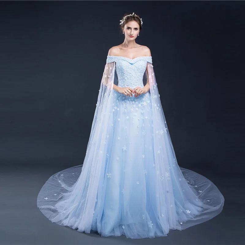 

Sexy Light Blue Wedding Dress With Train Lace Off Shoulder Bridal Dress Boho Wedding Gowns With Sleeves Party Long Tulle Dresses
