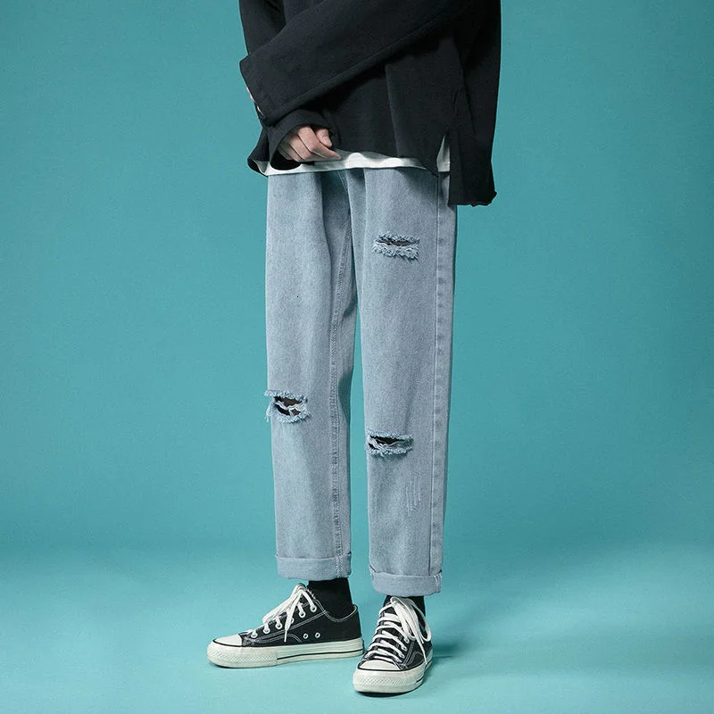 Ripped Jeans For Men Loose Washed Denim Trousers Hiphop Streetwear