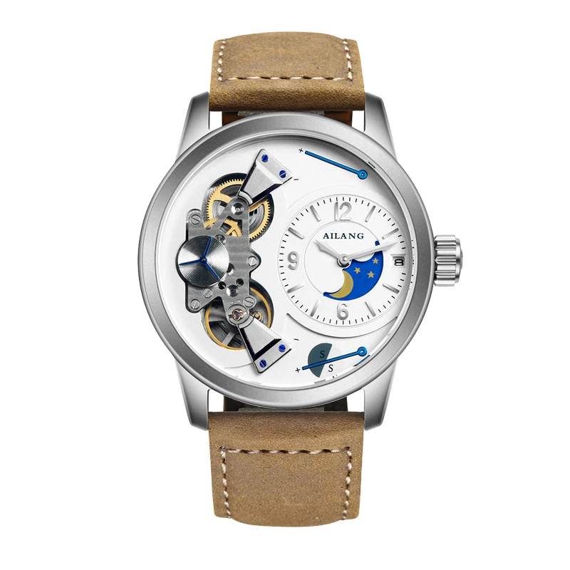 

AILANG 5811 Switzerland watches men luxury brandautomatic Authentic mechanical Moon phase Pattern Strap black Genuine Leather