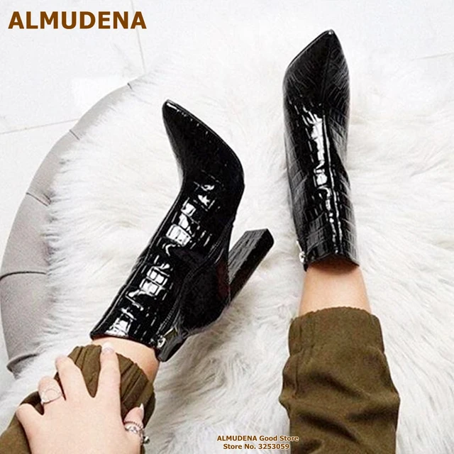 Almudena Women Black White Crocodile Chunky Heel Ankle Boots