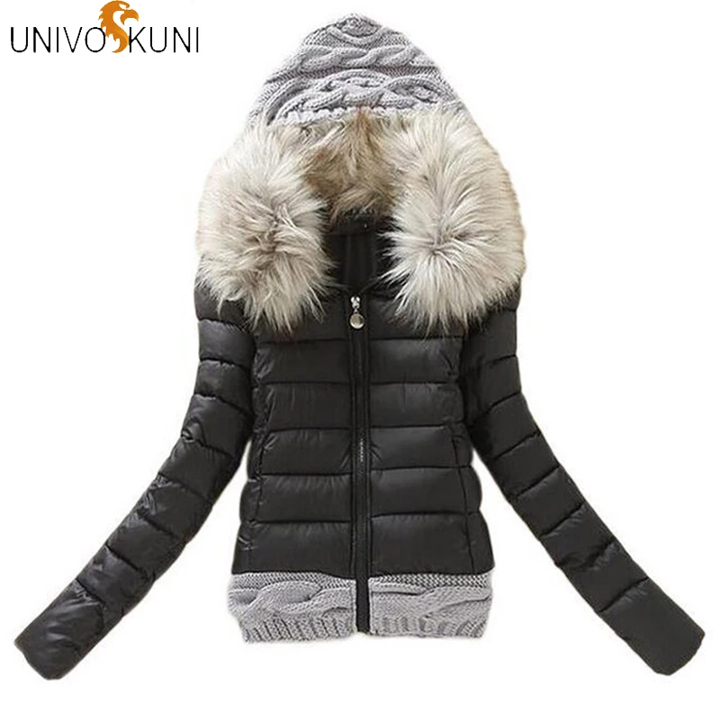 

2019 Women's Winter Fashion Wool Stitching Fur Collar Hooded Slim Cotton Suit Wild Short Out Wear Parkas Coat HWP1621