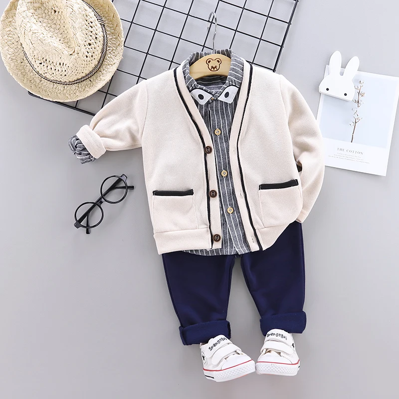 Одежда для мальчиков, комплект из 3 предметов пальто-кардиган+ рубашка+ джинсы Детский костюм комплекты для маленьких мальчиков