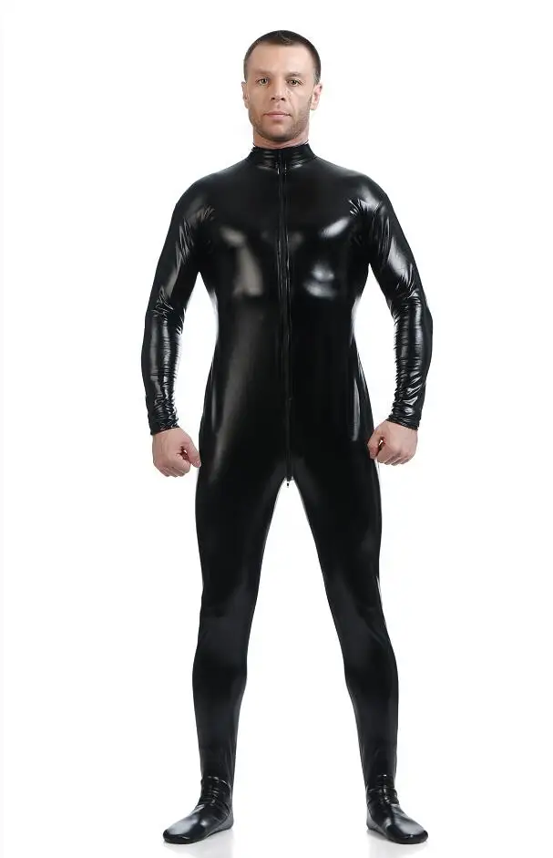Men Latex Suit Black Shiny Metallic Tights Gold Zentai Suit Full Body Unitard Skin Bodysuit Zipper Front catsuit cosplay costume adult unitard latex lingerie mens bondage lingerie