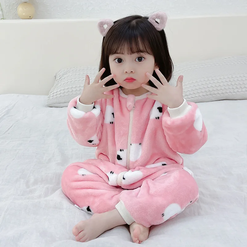 1 to 5 Years Winter Flannel Childrens Pajamas Sleeping Bags Rompers for Boys and Girls One-piece Suits for Home Wear