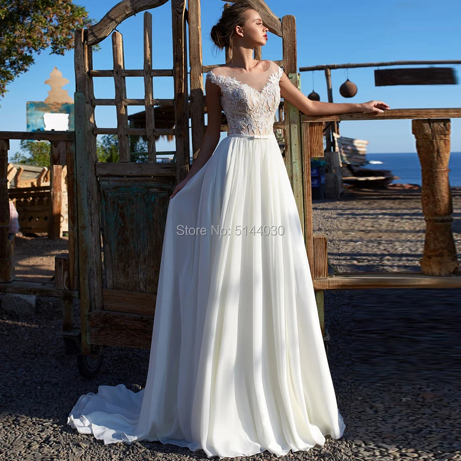 Chiffon Beach Boho A Line Wedding Dresses Cap Sleeve Sleeveless Applique Bridal Gown Back Zipper with Buttons Vestido De Novia | Свадьбы и